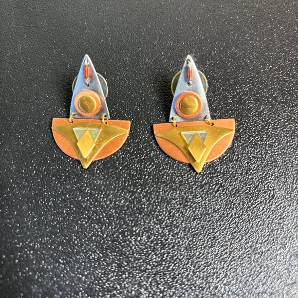 Art Deco Style Brushed Gold and Silver Earrings - Picture 1 of 4